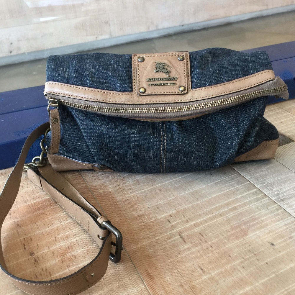 Burberry Blue Denim and Tan Leather Wristlet Clutch